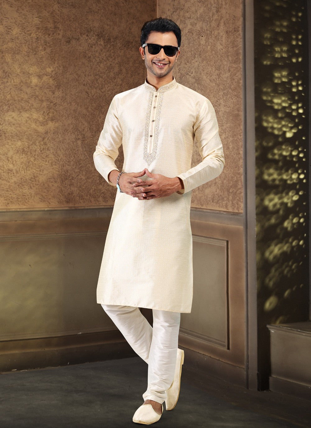 Fancy Work Banarasi Silk, Jacquard Cream Kurta Pyjama - M4866