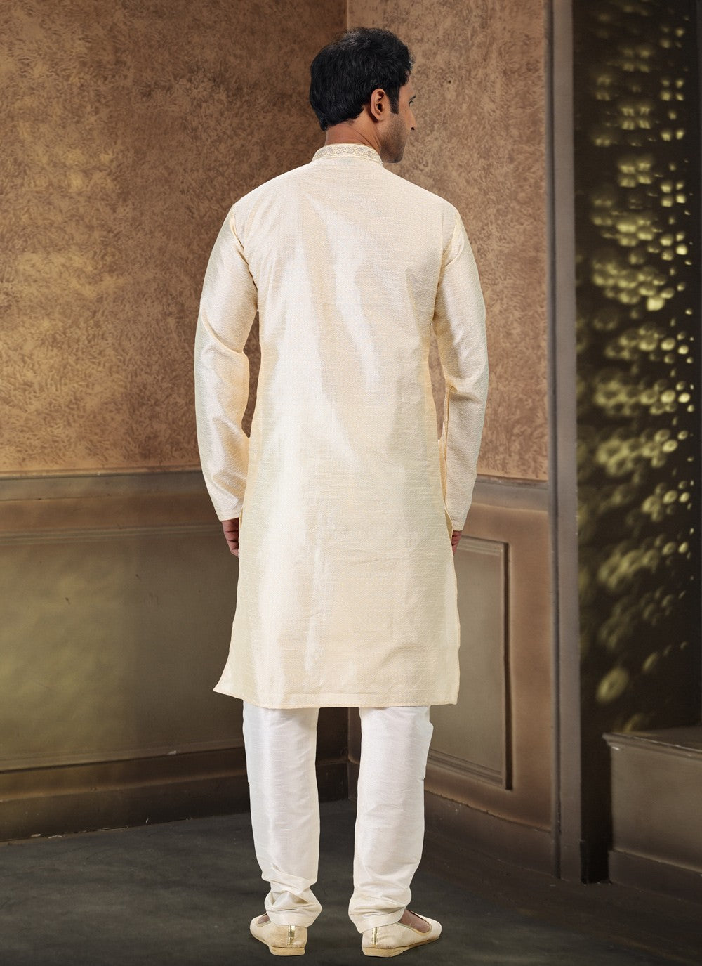 Fancy Work Banarasi Silk, Jacquard Cream Kurta Pyjama - M4866