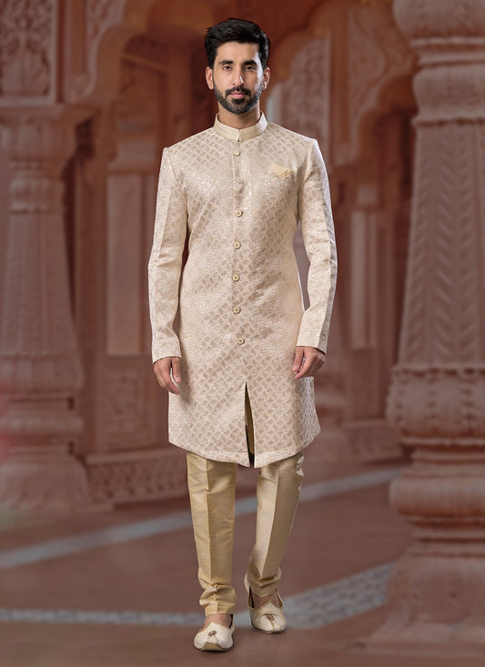 Fancy Work Jacquard Cream Indo Western Sherwani - M6883