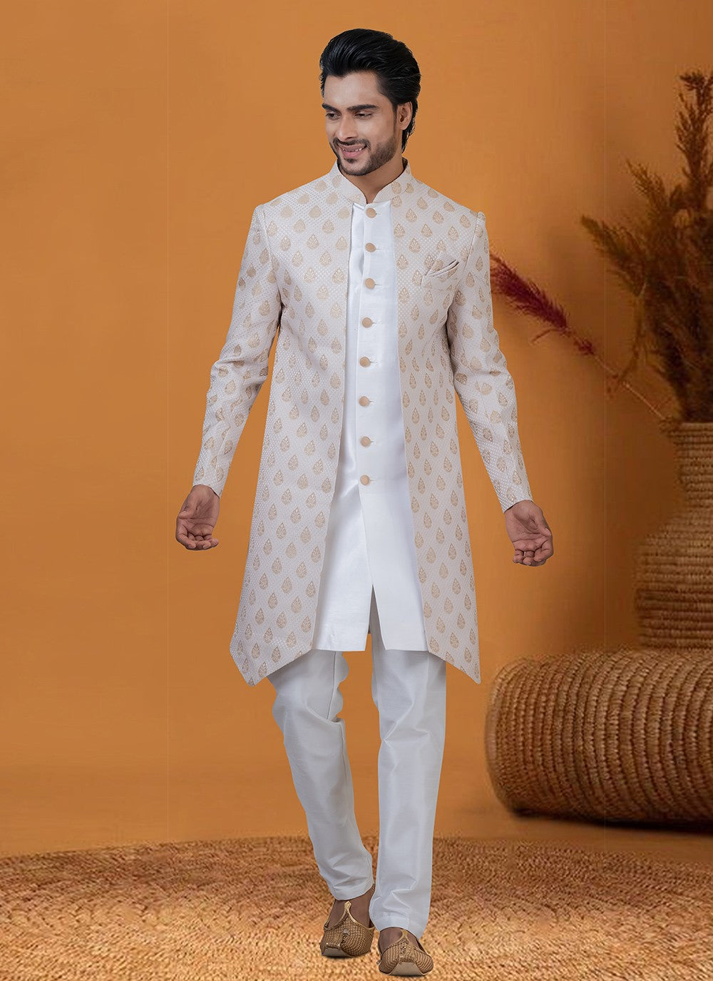 Jacquard Work Jacquard Silk Cream Indo Western - M8369