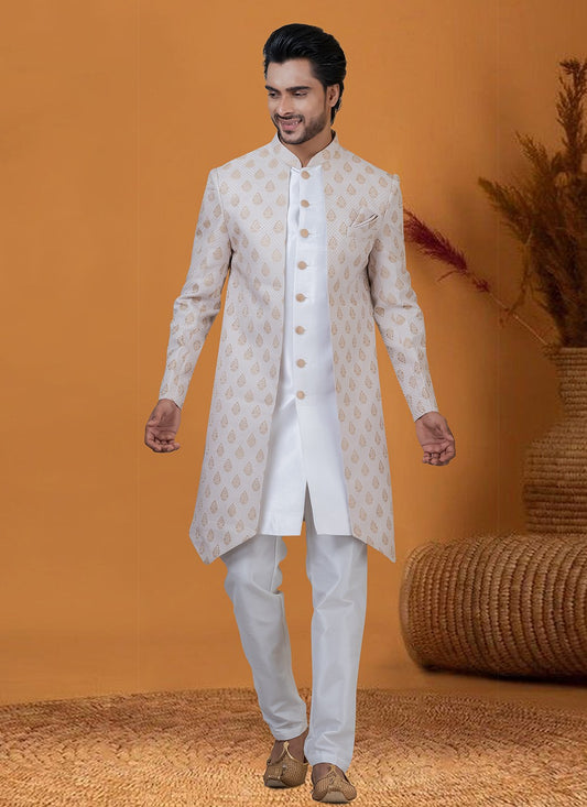 Jacquard Work Jacquard Silk Cream Indo Western - M8369