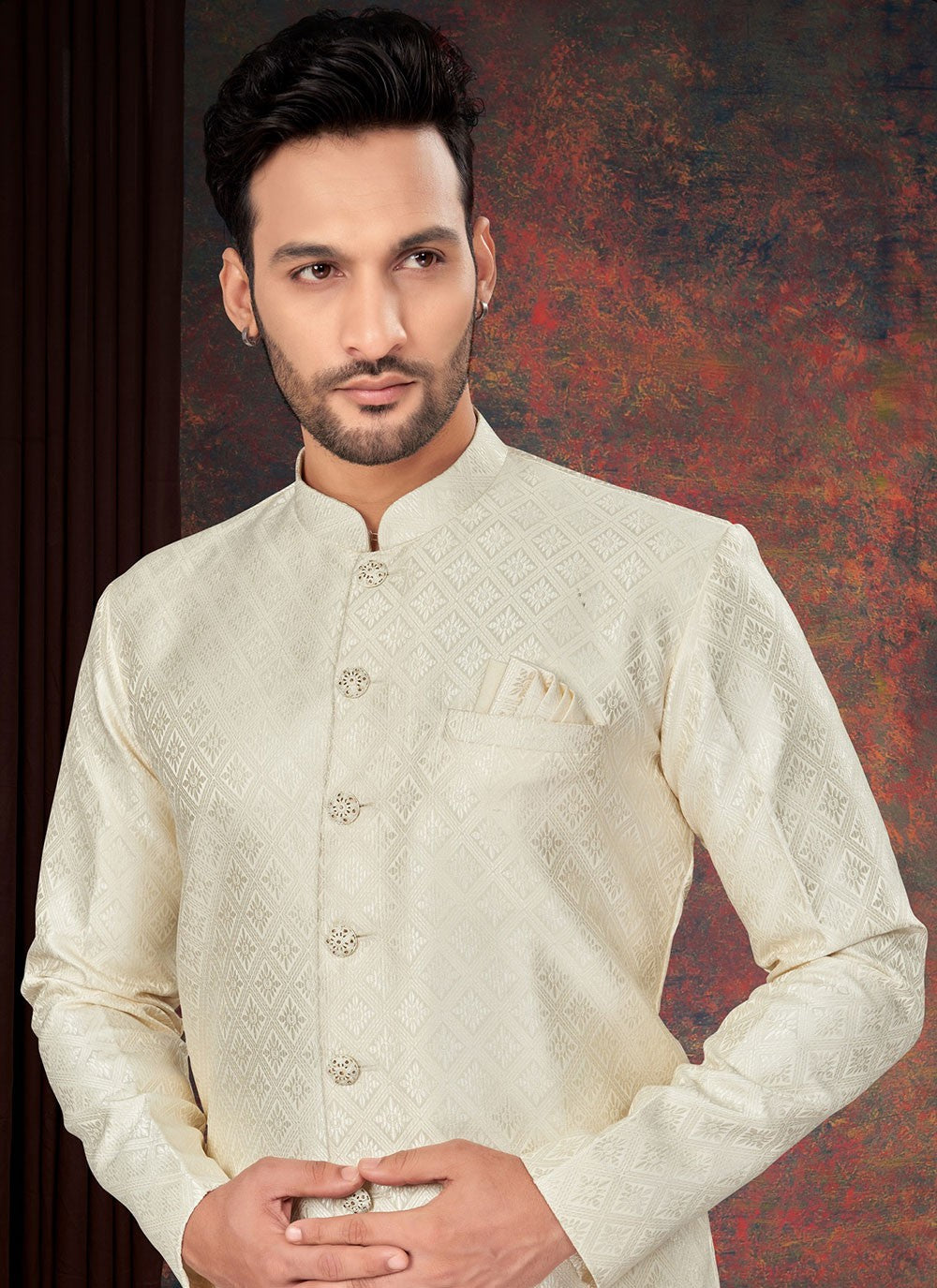 Fancy Work Jacquard Cream Indo Western - M7203