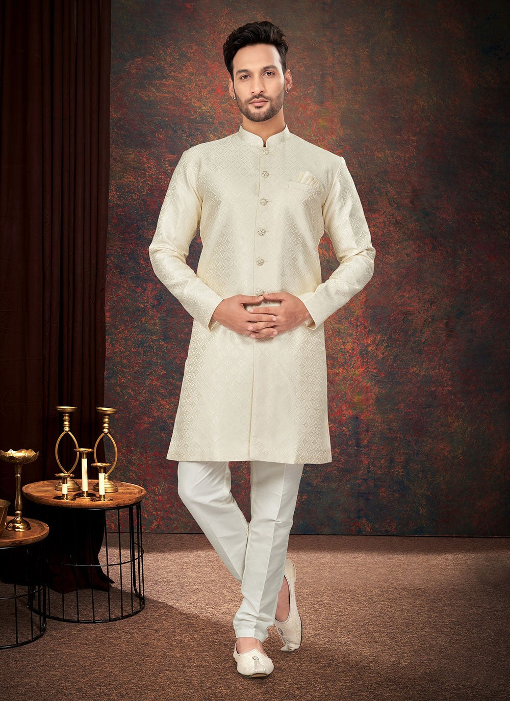 Fancy Work Jacquard Cream Indo Western - M7203