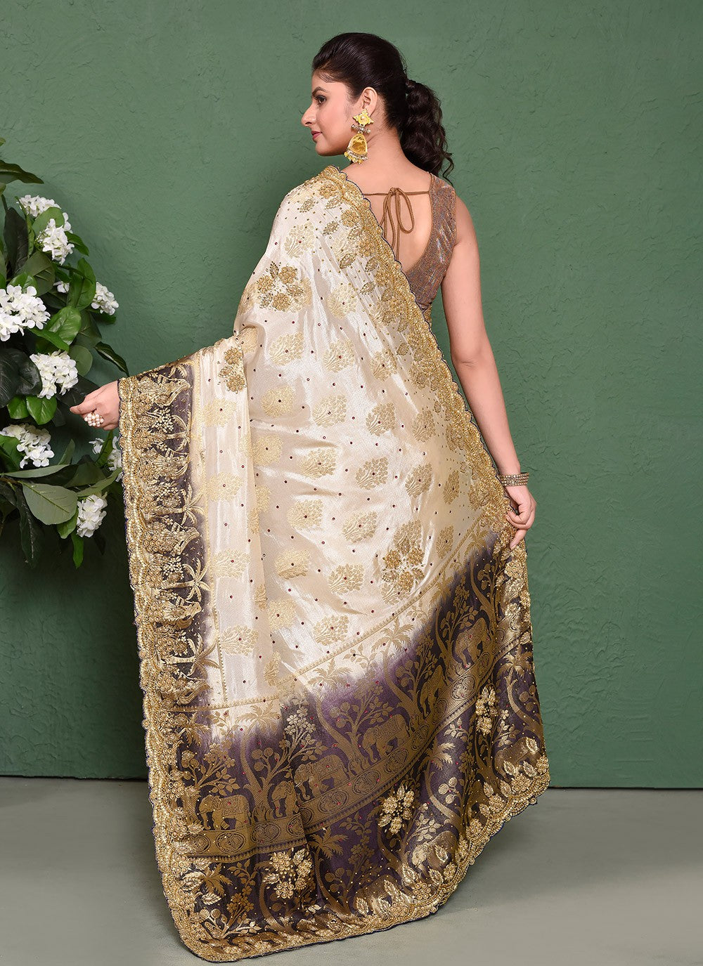 Hand Embroidery Kanjivaram Silk Cream Saree S14325