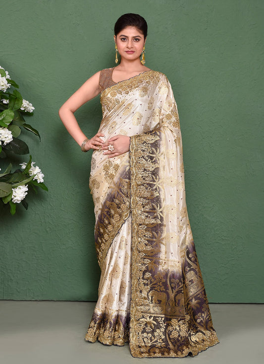 Hand Embroidery Kanjivaram Silk Cream Saree S14325