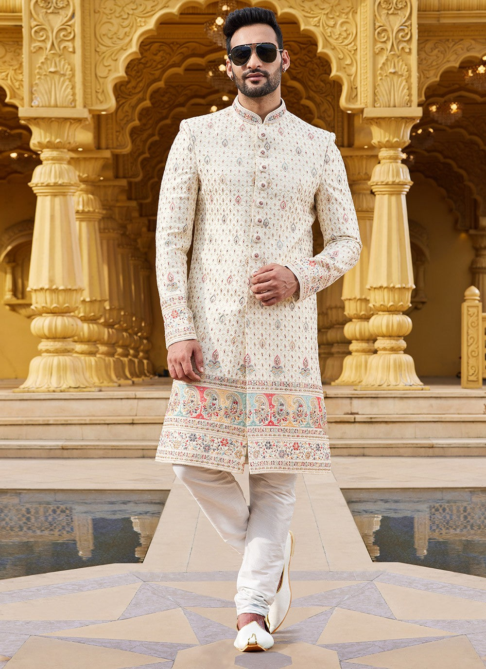 Machine Embroidery Art Silk Cream Sherwani - M6100