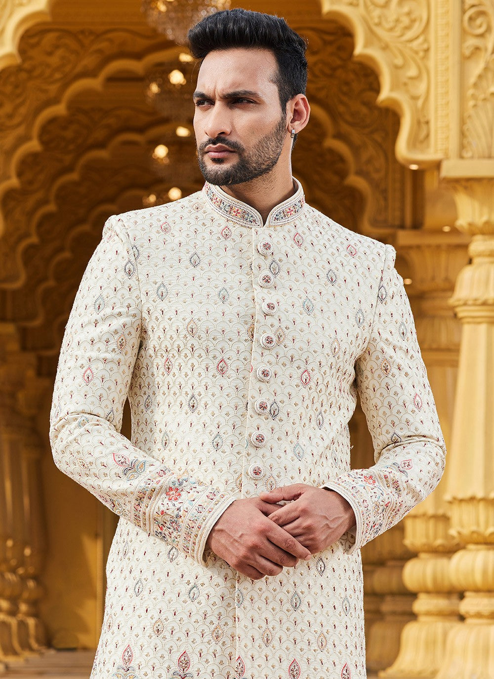 Machine Embroidery Art Silk Cream Sherwani - M6100