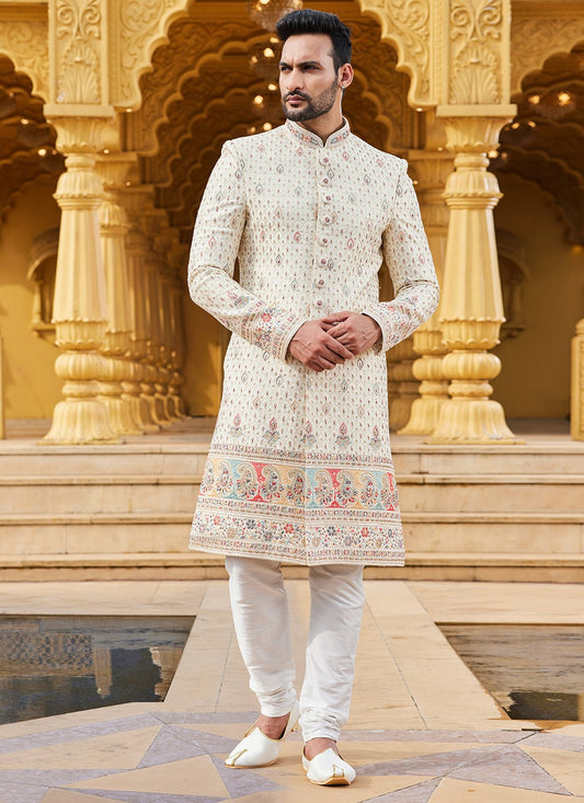 Machine Embroidery Art Silk Cream Sherwani - M6100