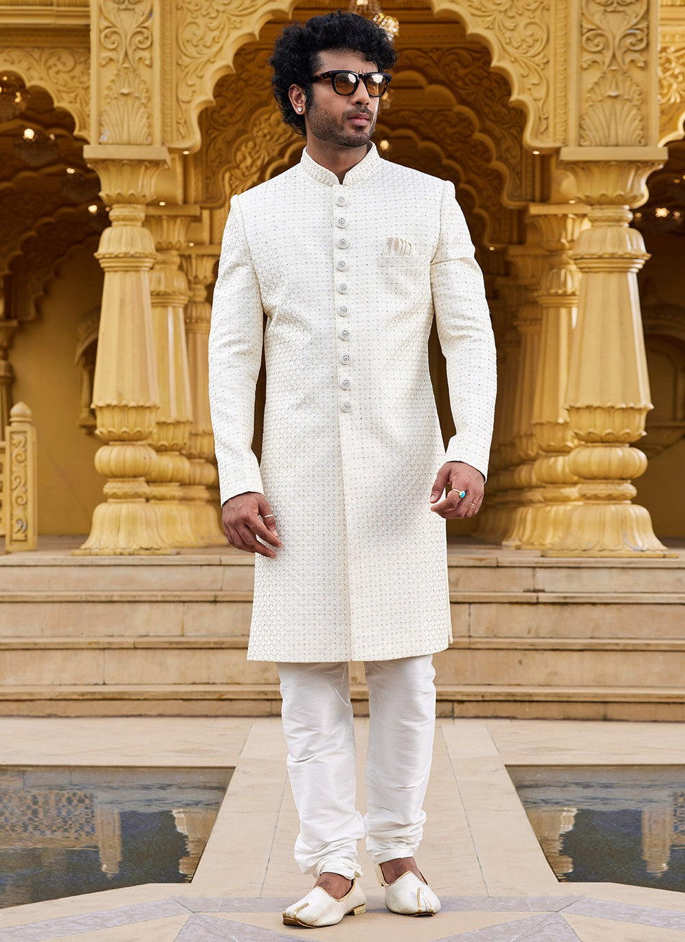 Machine Embroidery Art Silk Cream Sherwani - M6101