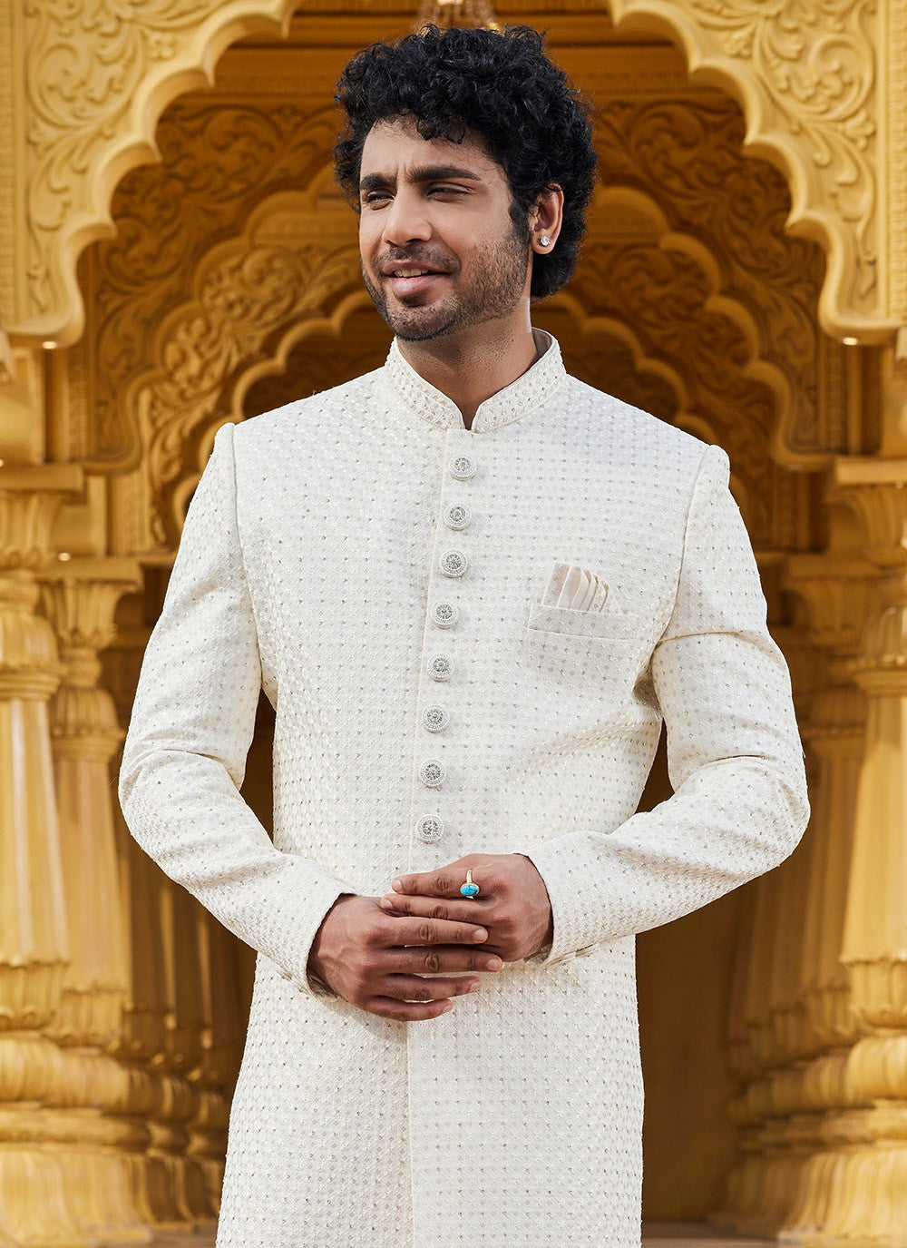 Machine Embroidery Art Silk Cream Sherwani - M6101