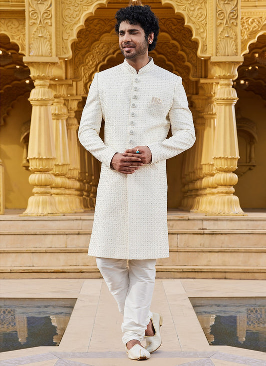 Machine Embroidery Art Silk Cream Sherwani - M6101