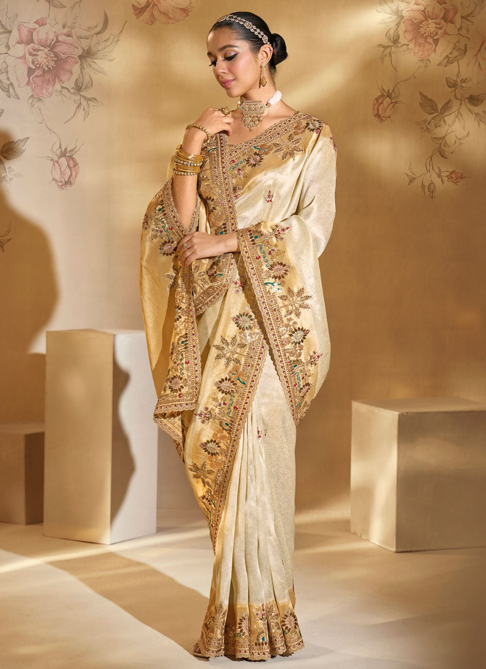 Cream Silk Traditional Saree Cutdana, Embroidered, Mirror, Moti S20152