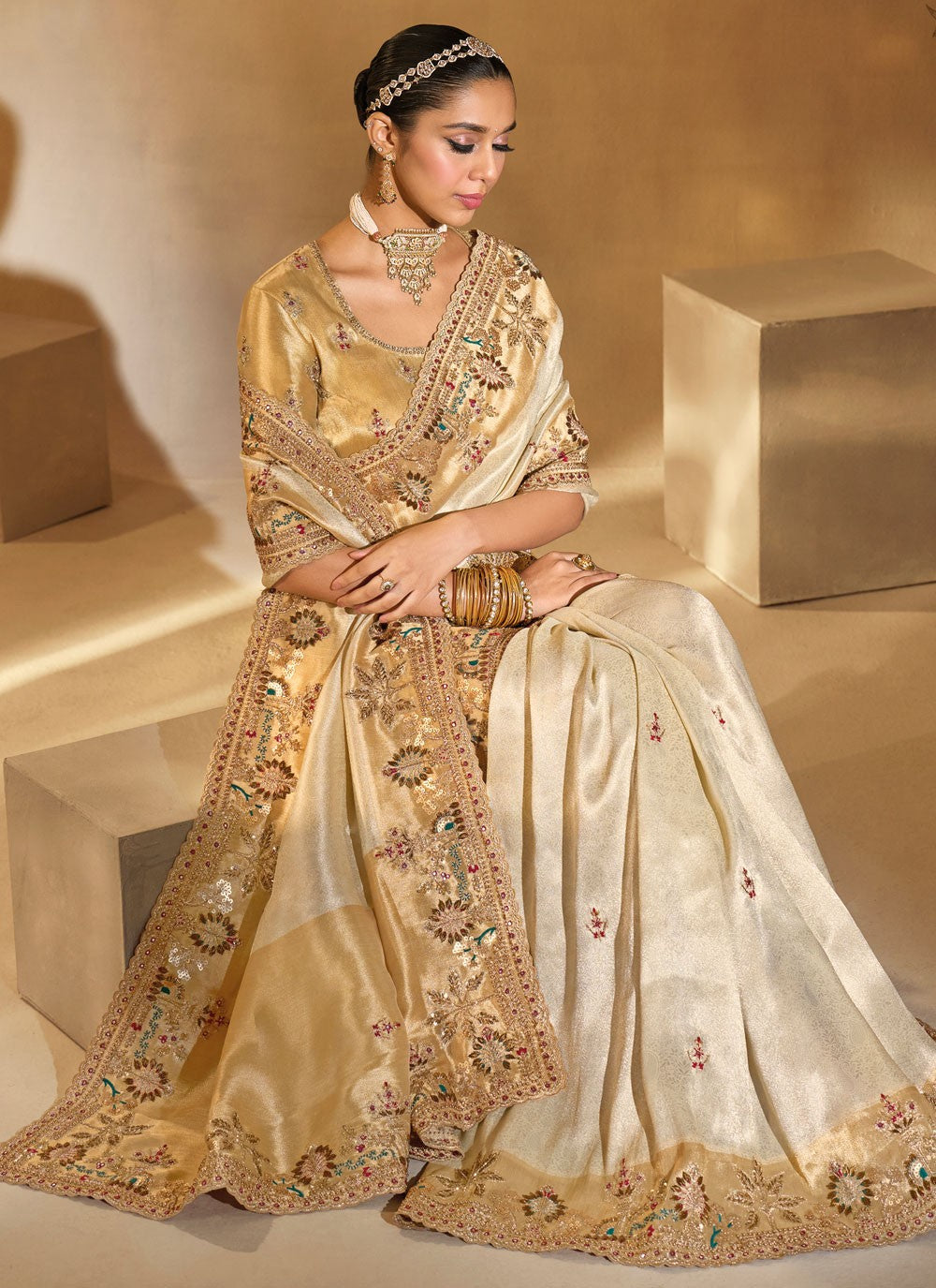 Cream Silk Traditional Saree Cutdana, Embroidered, Mirror, Moti S20152