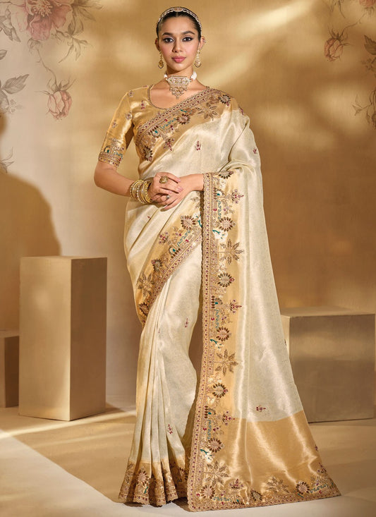 Cream Silk Traditional Saree Cutdana, Embroidered, Mirror, Moti S20152