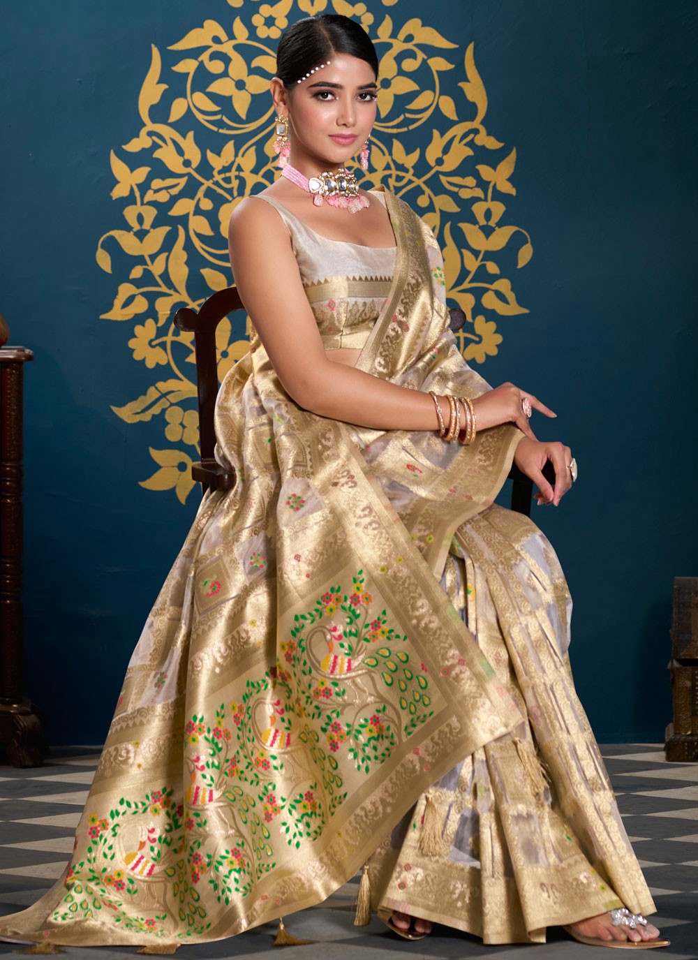 Contemporary Multi Work Cream Organza Saree S13187
