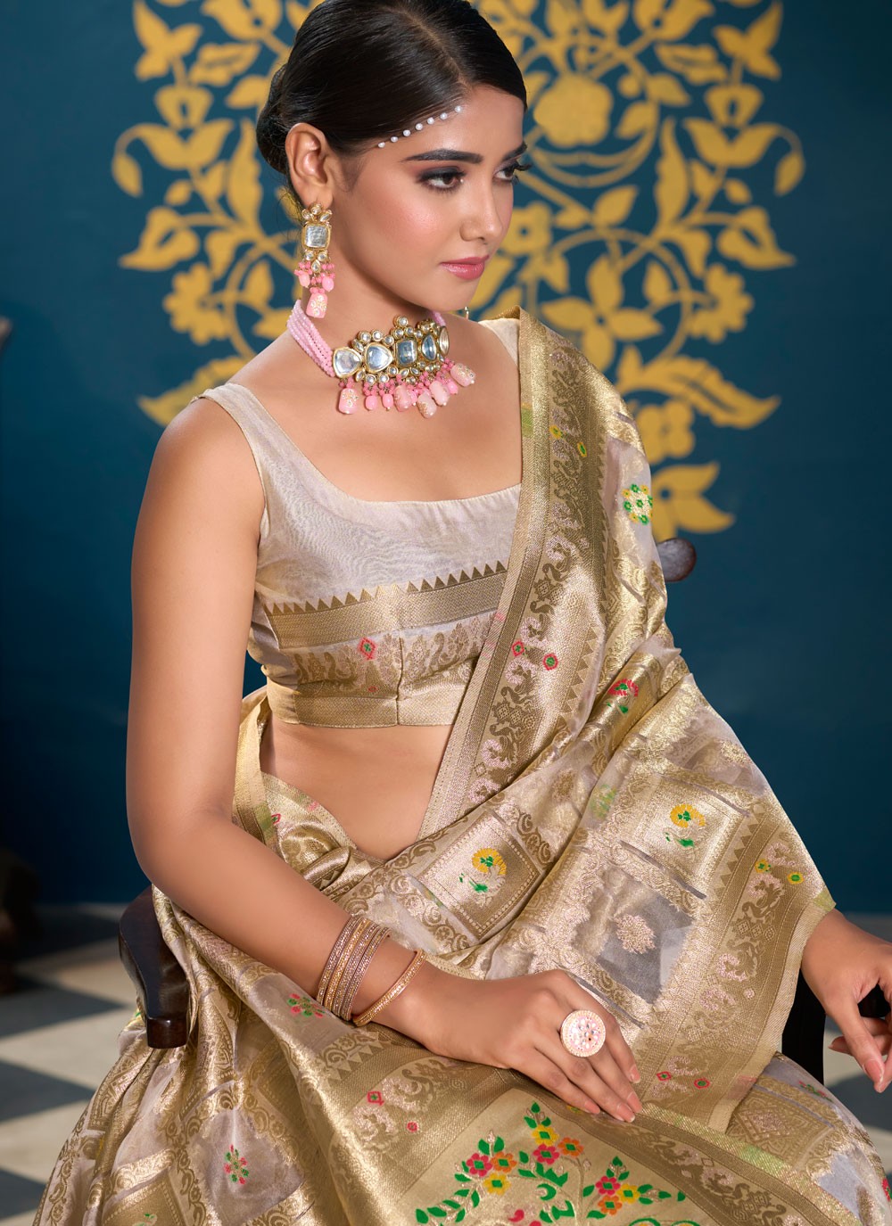 Contemporary Multi Work Cream Organza Saree S13187