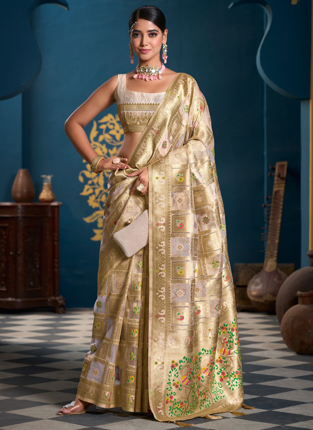 Contemporary Multi Work Cream Organza Saree S13187