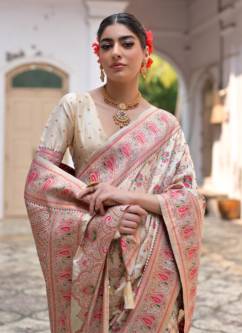 Printed Pashmina Silk Cream Saree S14074