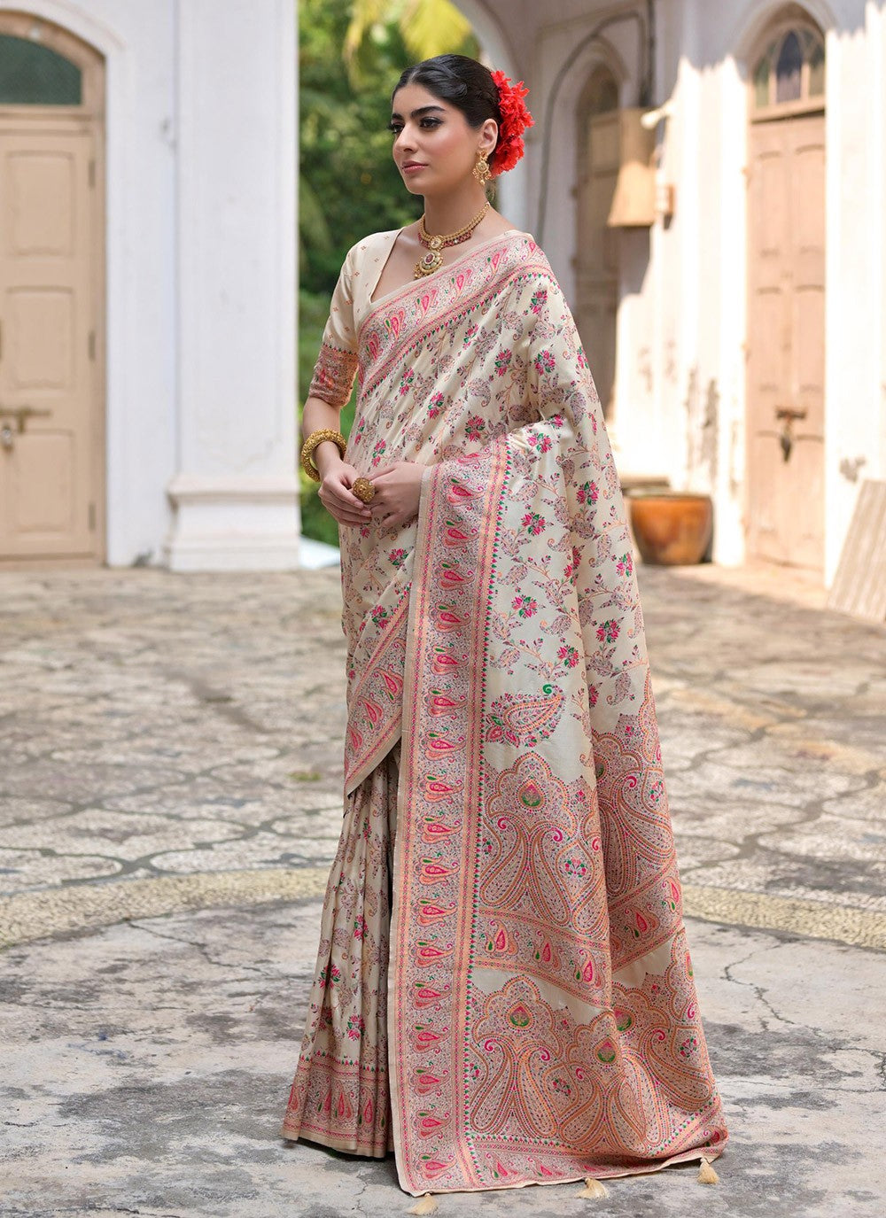 Printed Pashmina Silk Cream Saree S14074