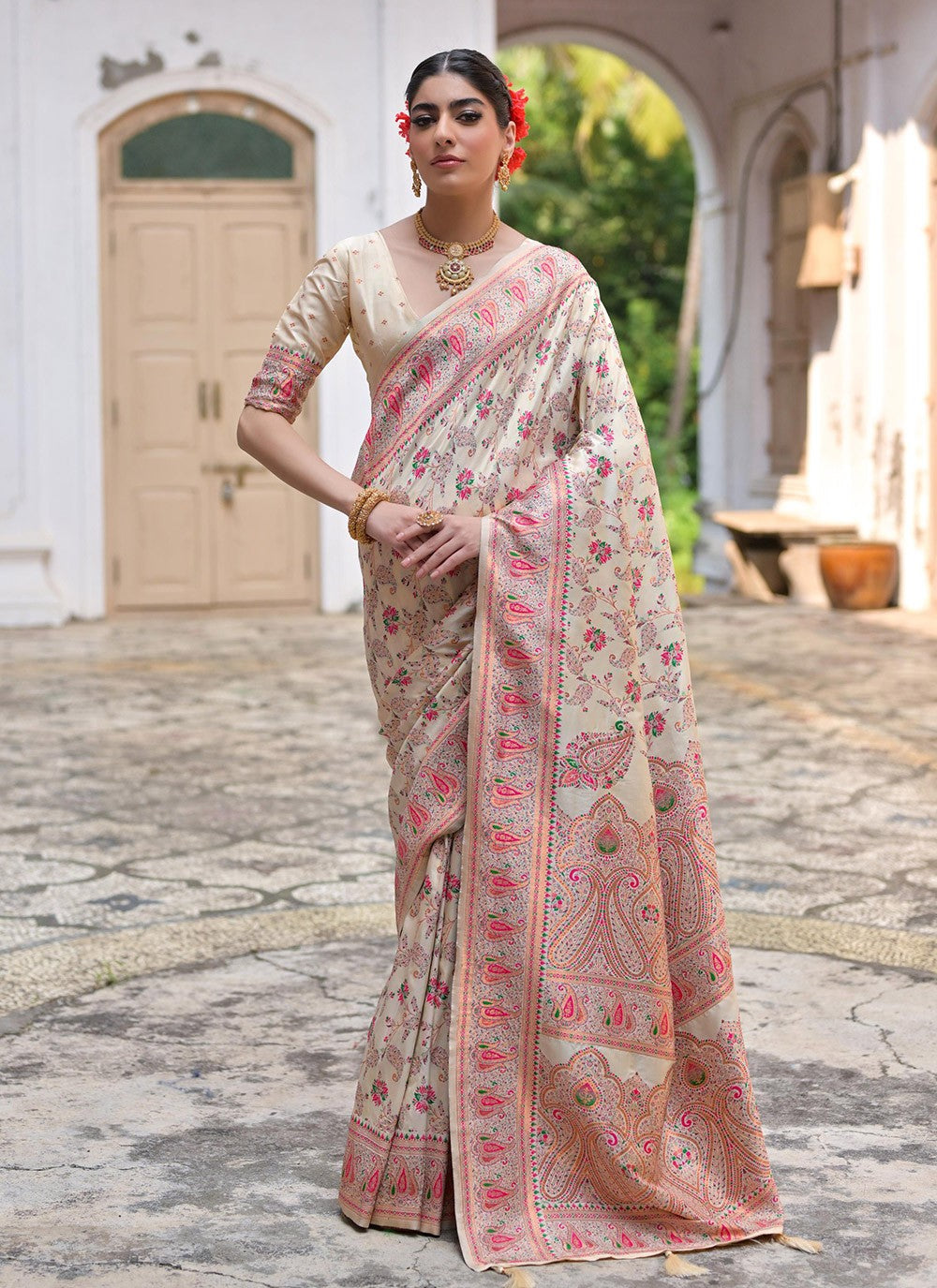 Printed Pashmina Silk Cream Saree S14074