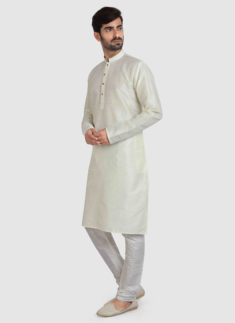 Plain Art Silk Cream Kurta Pyjama - M3413