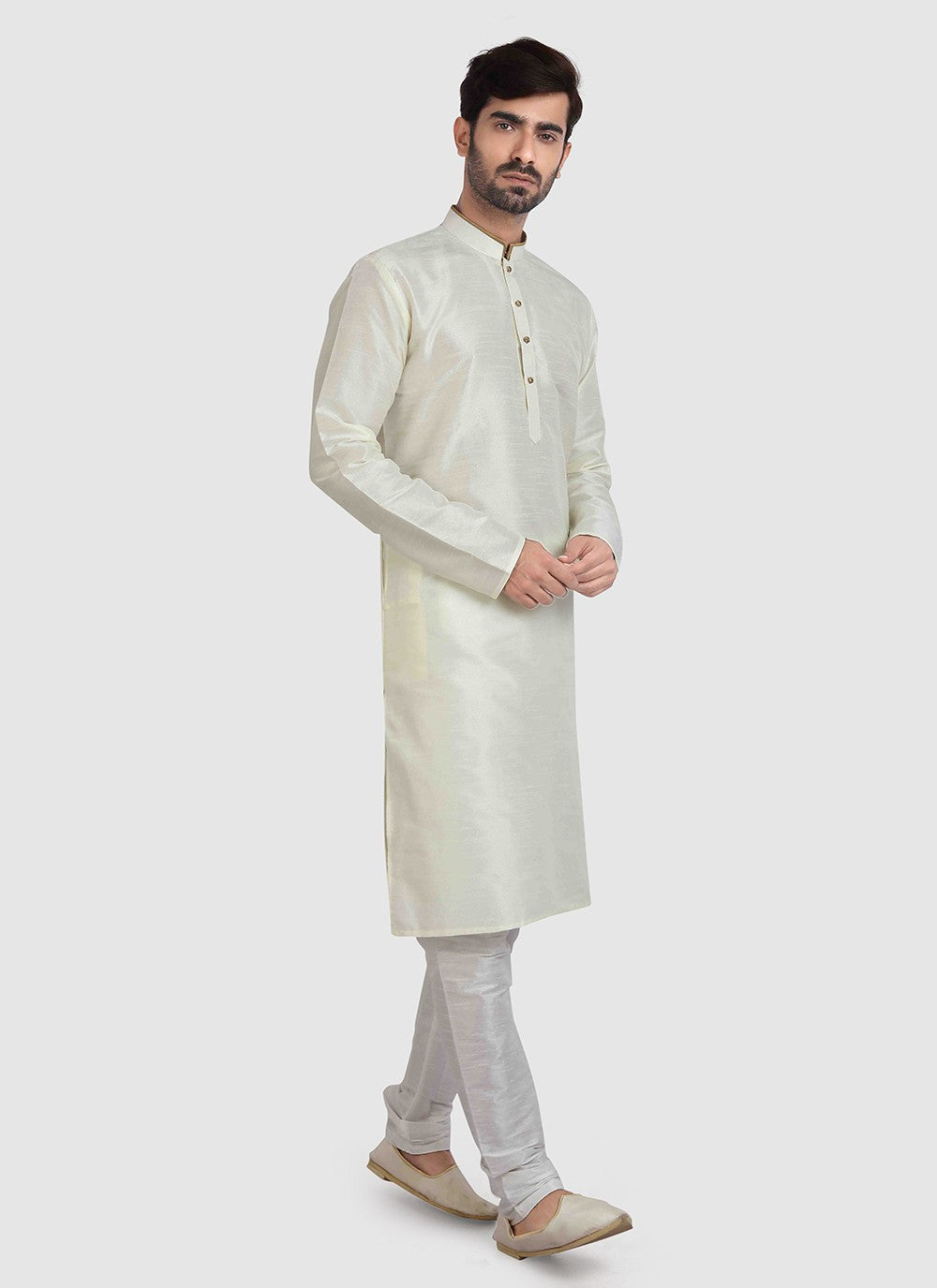 Plain Art Silk Cream Kurta Pyjama - M3413
