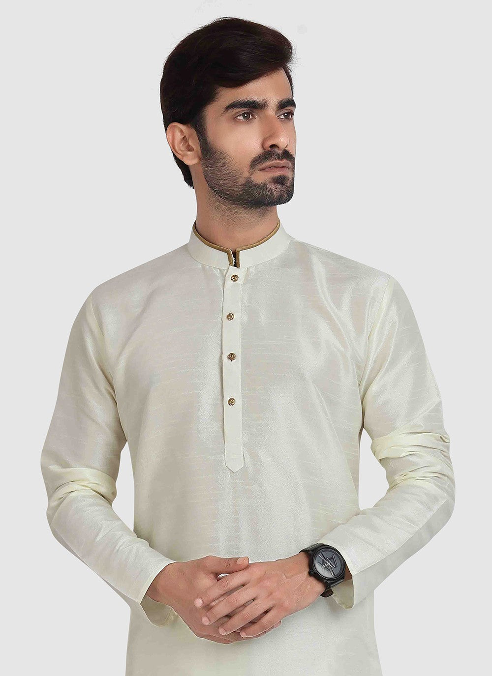 Plain Art Silk Cream Kurta Pyjama - M3413