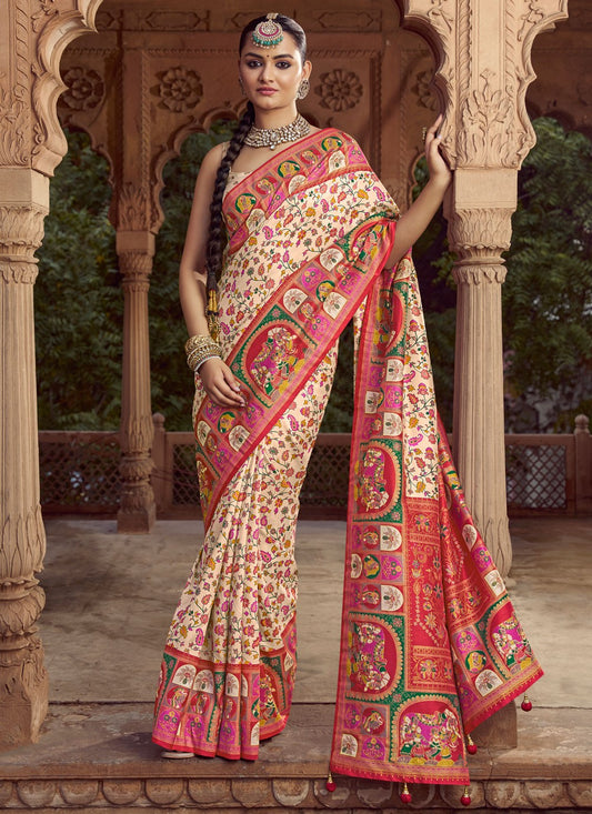 Cream Silk Contemporary Saree Printed S19689