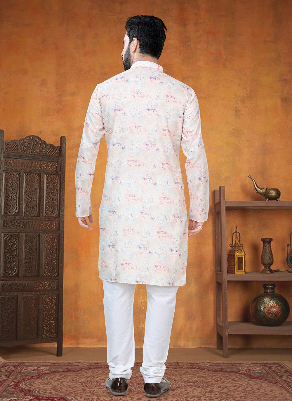 Printed Cotton Cream Kurta Pyjama - M8798