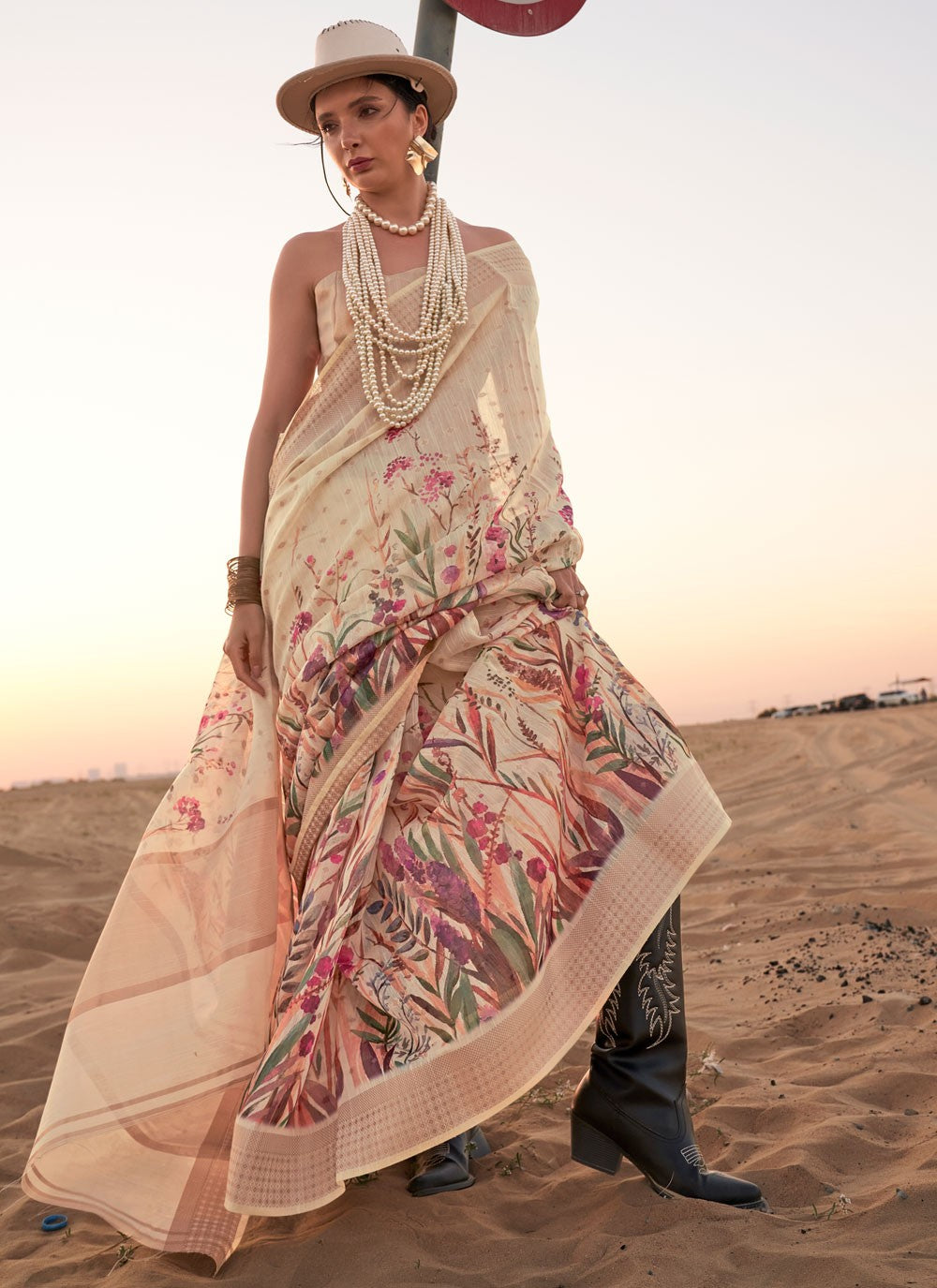 Classic Printed Linen Saree - S6419