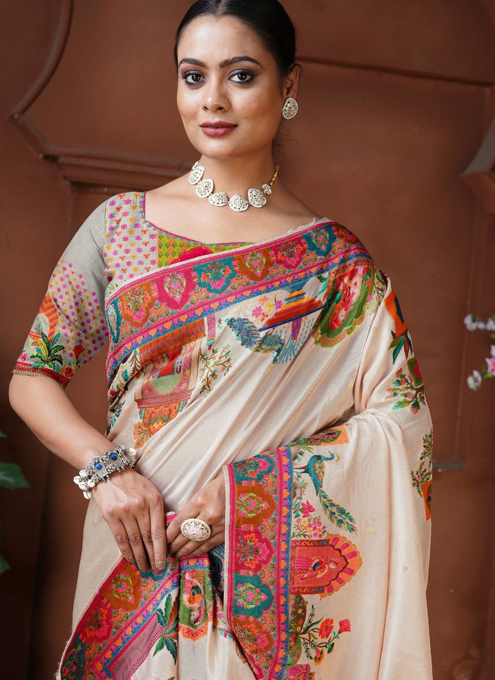 Classic Saree Fancy Work Cream Pure Dola Saree S13122