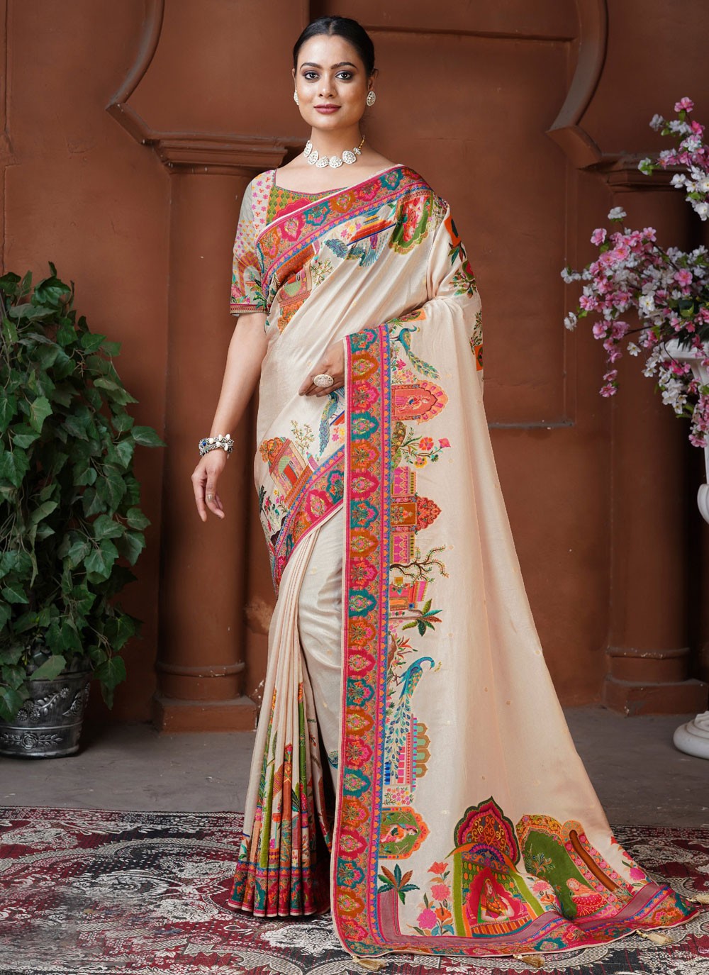 Classic Saree Fancy Work Cream Pure Dola Saree S13122