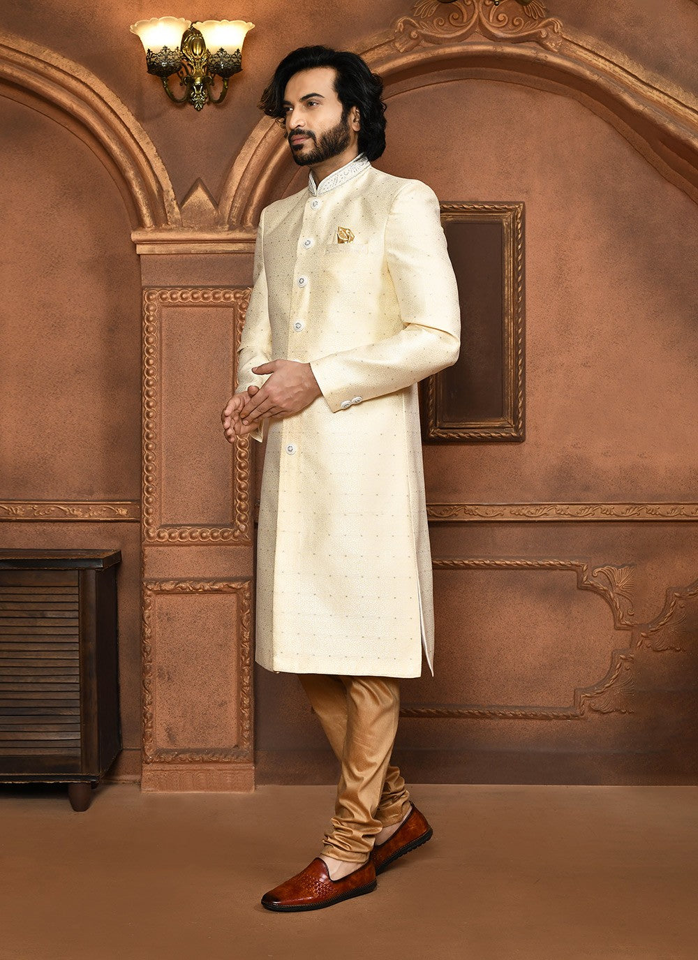 Embroidered Art Silk Cream Sherwani - M8048