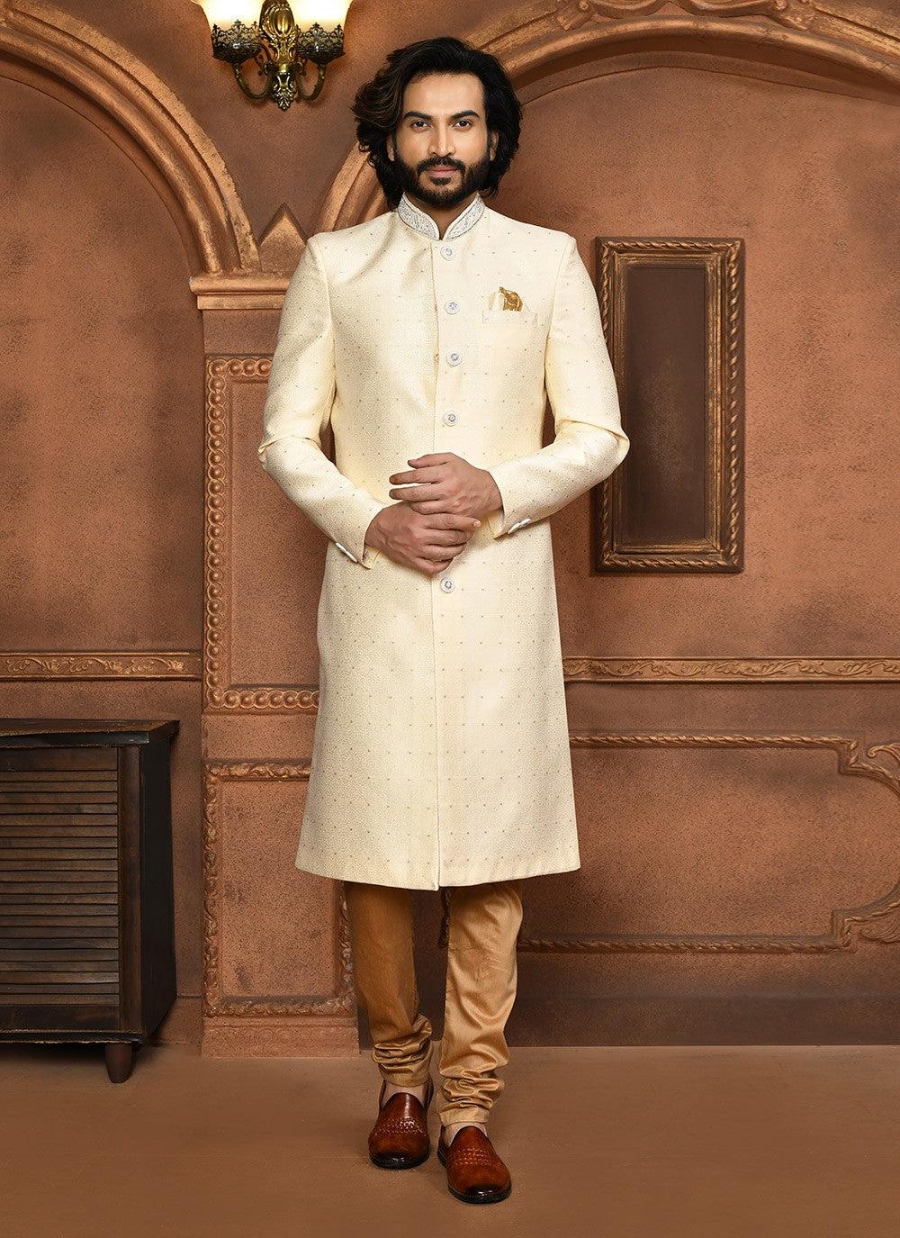 Embroidered Art Silk Cream Sherwani - M8048