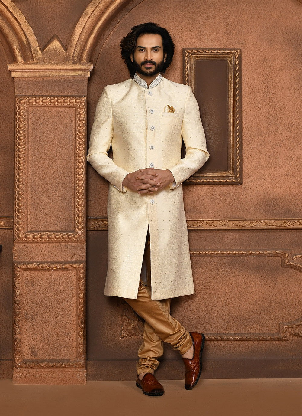 Embroidered Art Silk Cream Sherwani - M8048