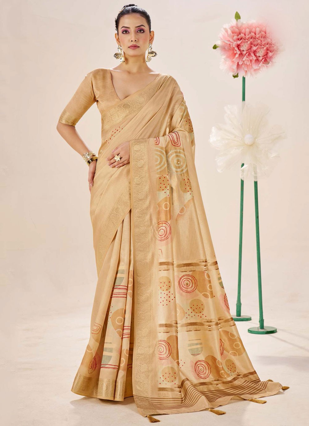Cream Silk Contemporary Saree Border Work, Fancy Work, Printed, Weaving Zari S19078