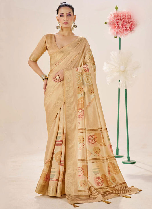 Cream Silk Contemporary Saree Border Work, Fancy Work, Printed, Weaving Zari S19078