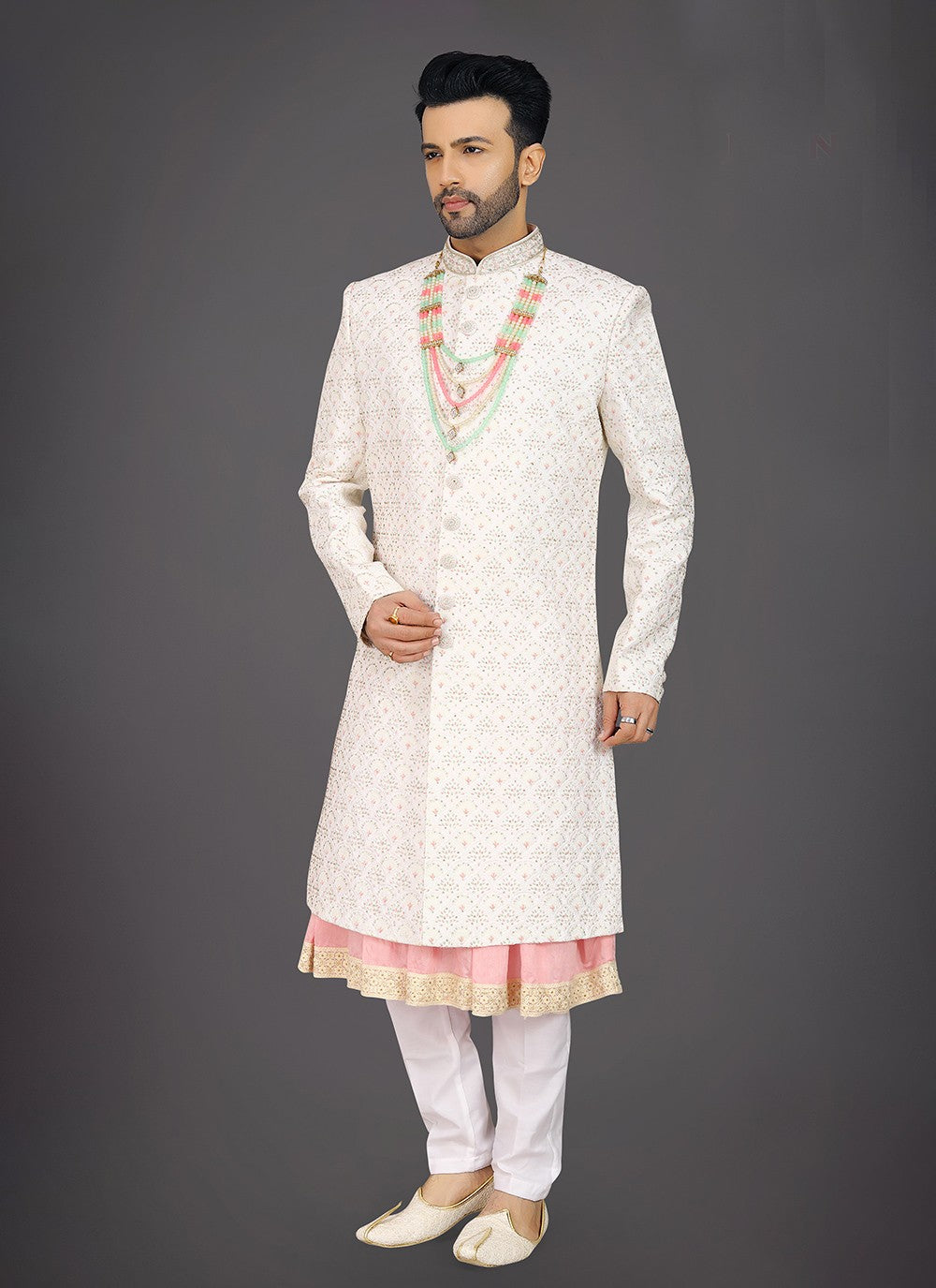 Embroidered Silk Cream Sherwani - M7977