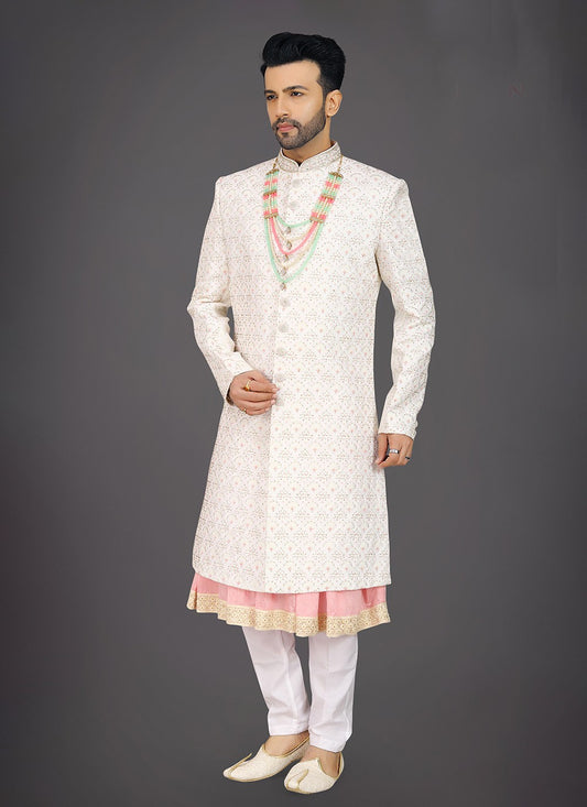 Embroidered Silk Cream Sherwani - M7977