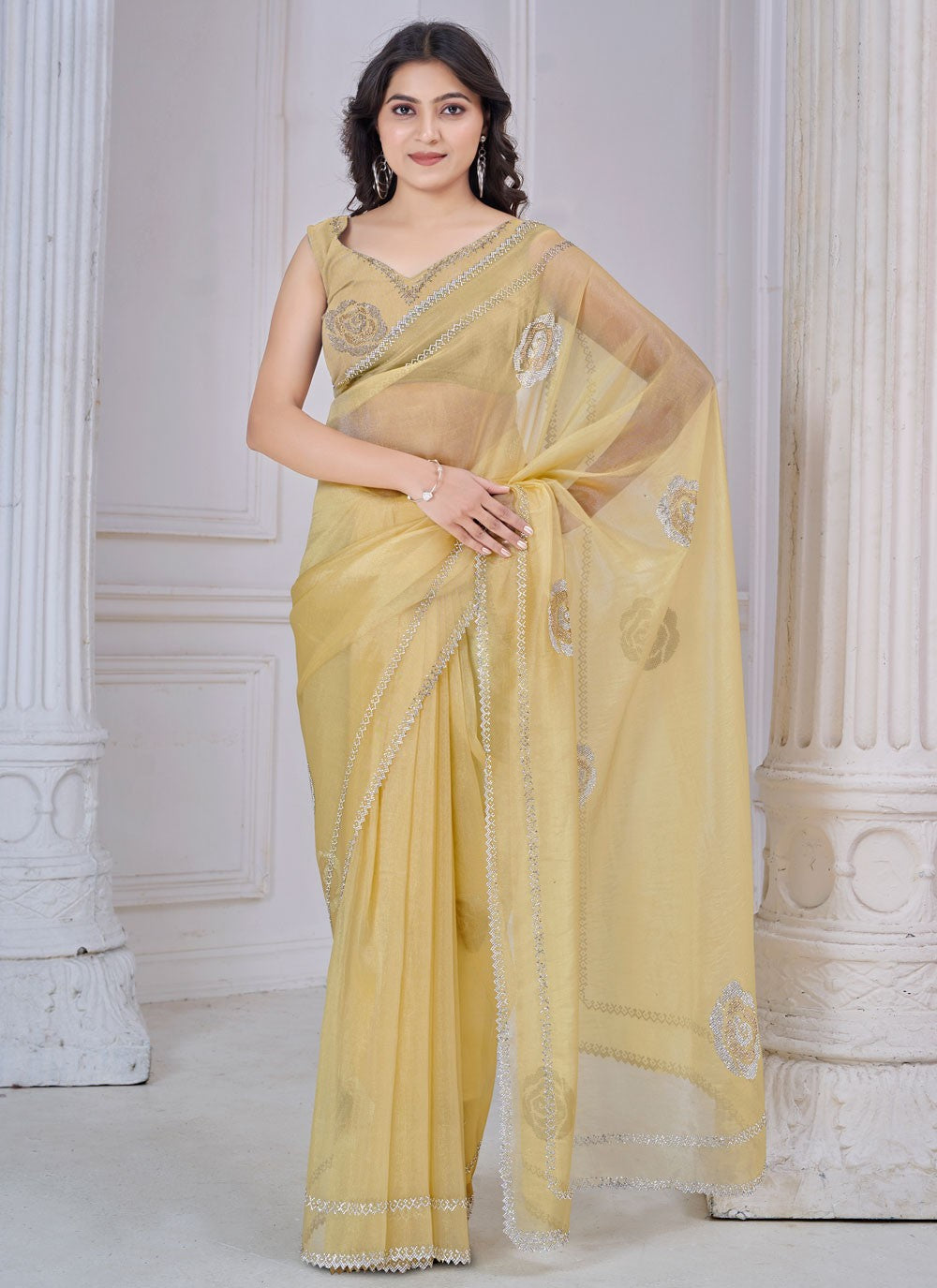 Swarovski Organza Cream Classic Saree S15114