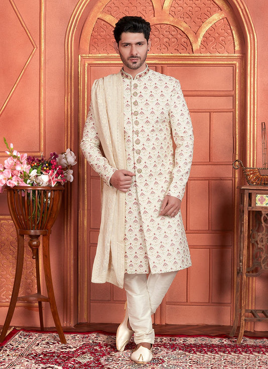 Embroidered Art Silk Cream Sherwani - M8261