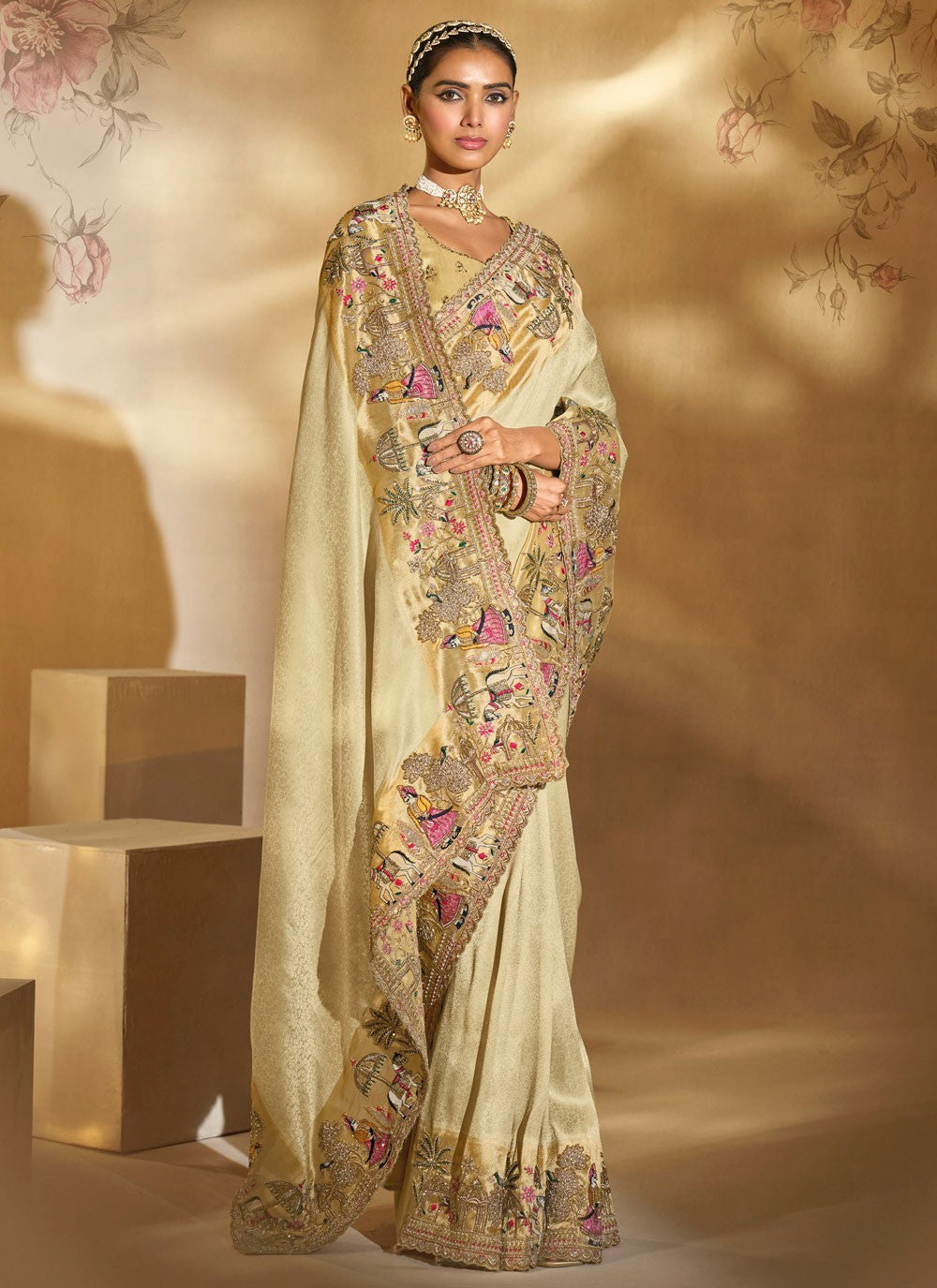 Cream Silk Contemporary Saree Cutdana, Embroidered, Thread, Zari S20155