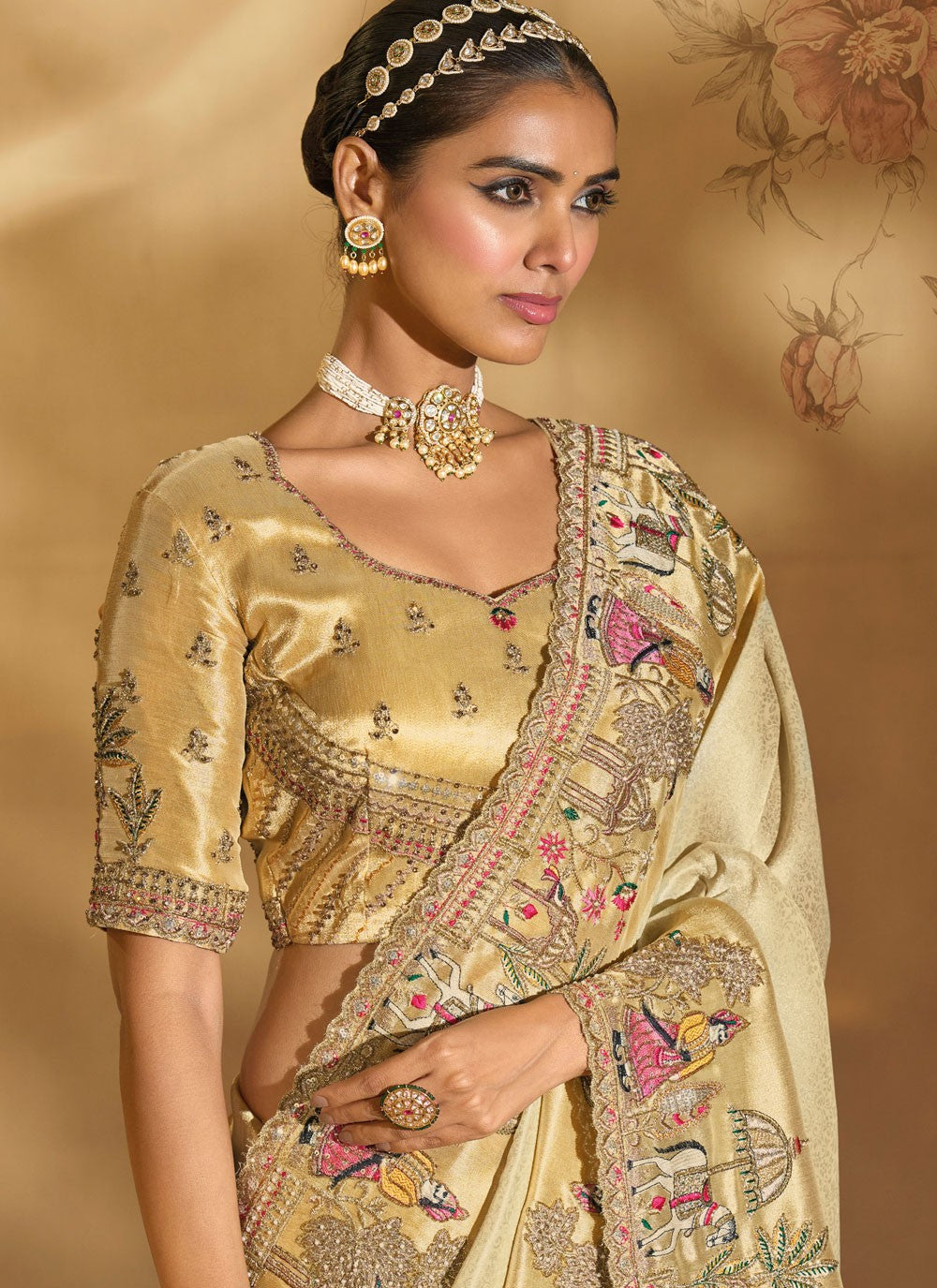 Cream Silk Contemporary Saree Cutdana, Embroidered, Thread, Zari S20155
