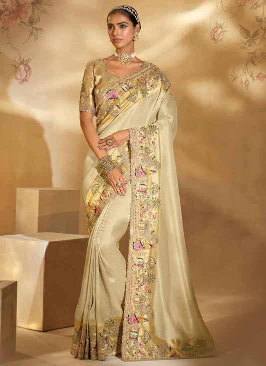 Cream Silk Contemporary Saree Cutdana, Embroidered, Thread, Zari S20155