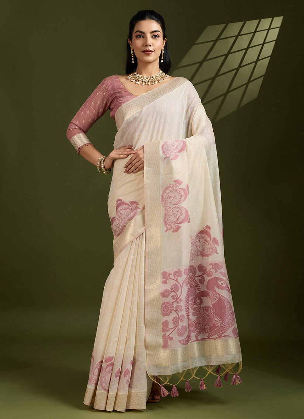 Cream Cotton Contemporary Saree Border Work, Weaving Zari S17317