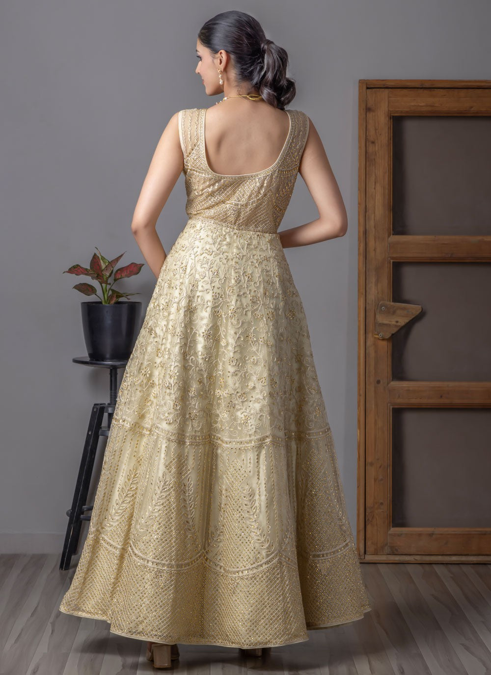 Embroidered Net Cream Salwar Suit T6522
