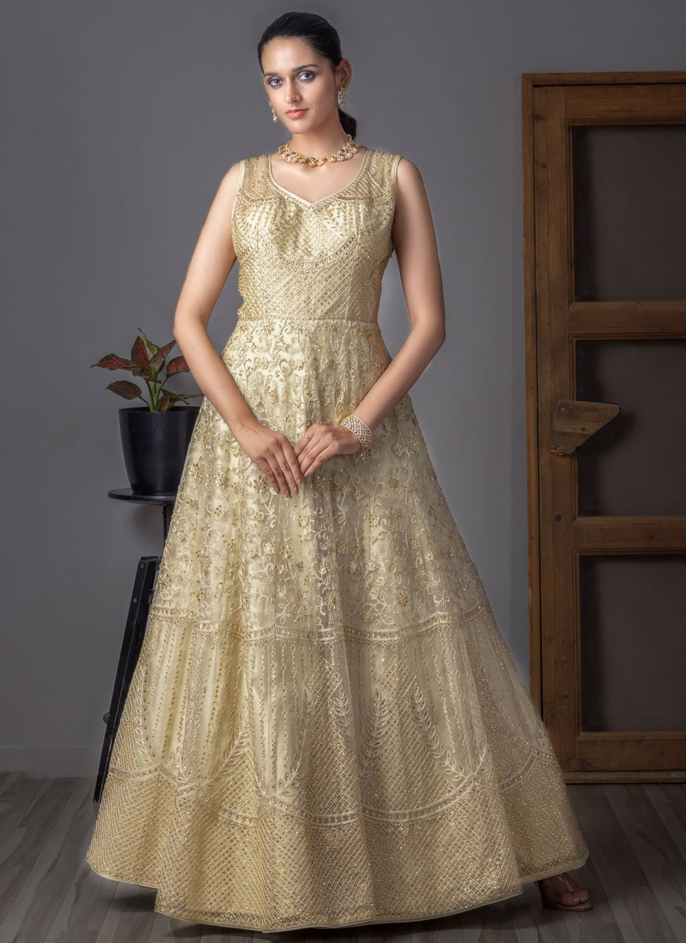 Embroidered Net Cream Salwar Suit T6522
