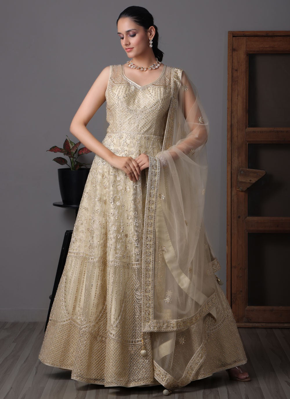 Embroidered Net Cream Salwar Suit T6522