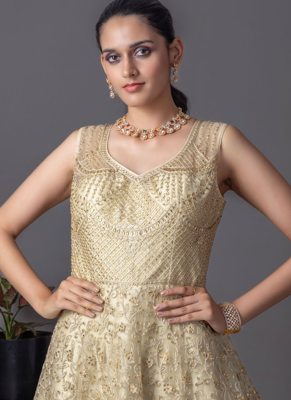 Embroidered Net Cream Salwar Suit T6522