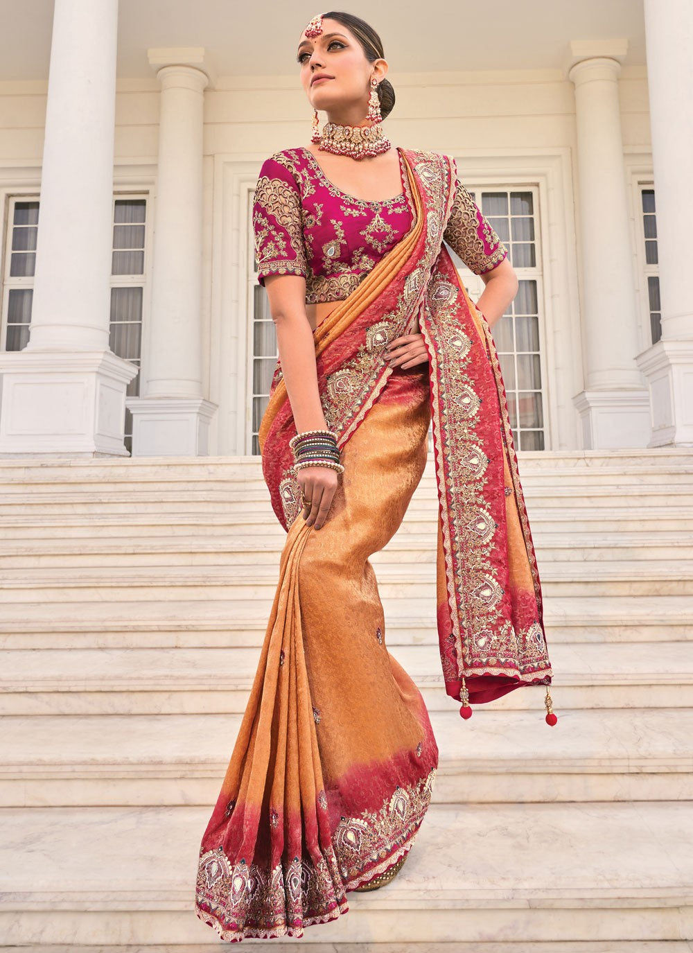 Embroidered Crepe Jacquard Rust Saree S14303